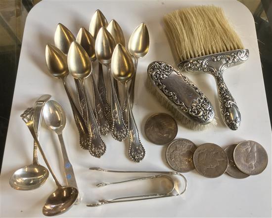 9 sterling silver grapefruit spoons, 7 other sterling items & 4 US silver dollars